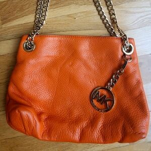 Michael Kors Jet Set Chain Medium Shoulder Bag Orange Pebbled Leather Old Money